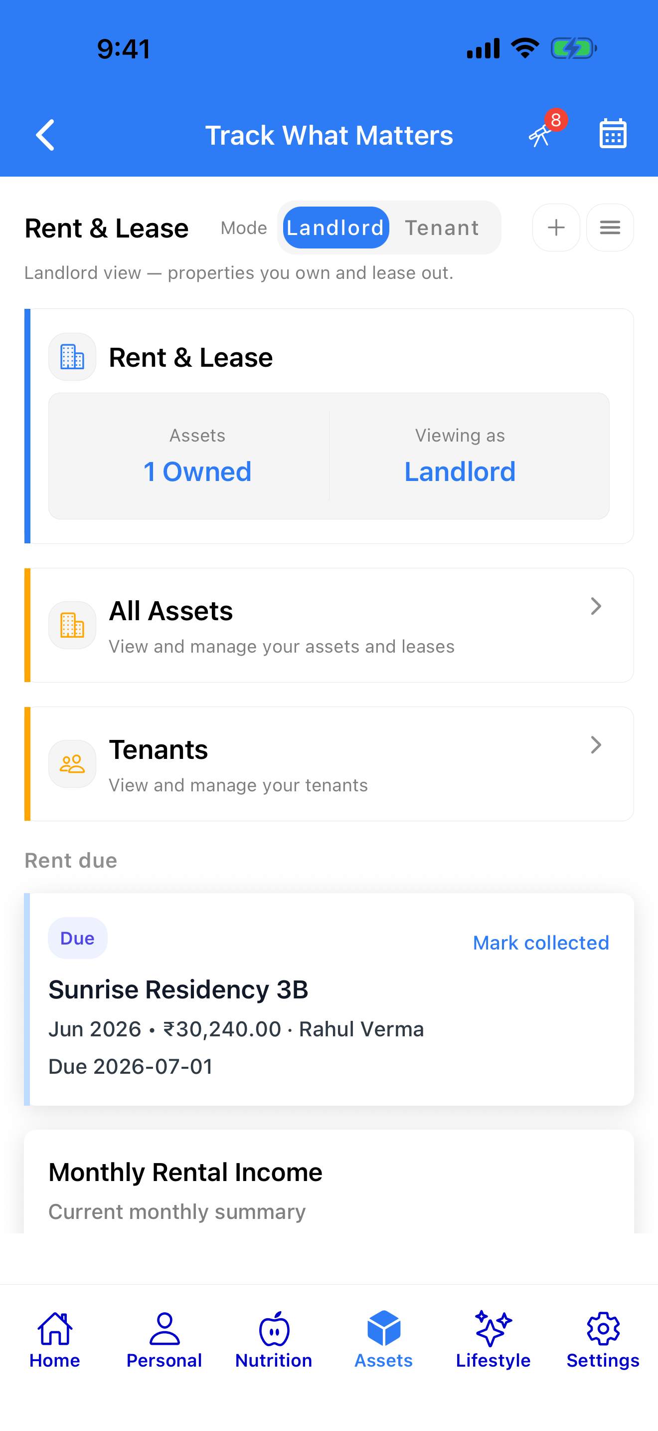 Rent due and monthly income at a glance