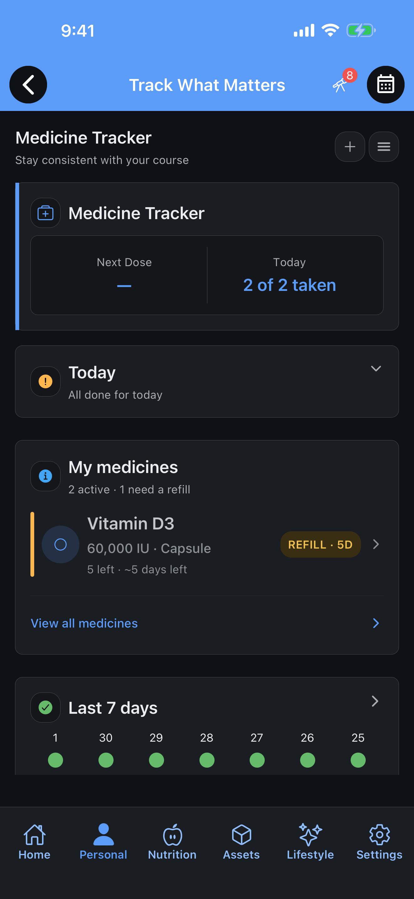 Today's doses with an active streak