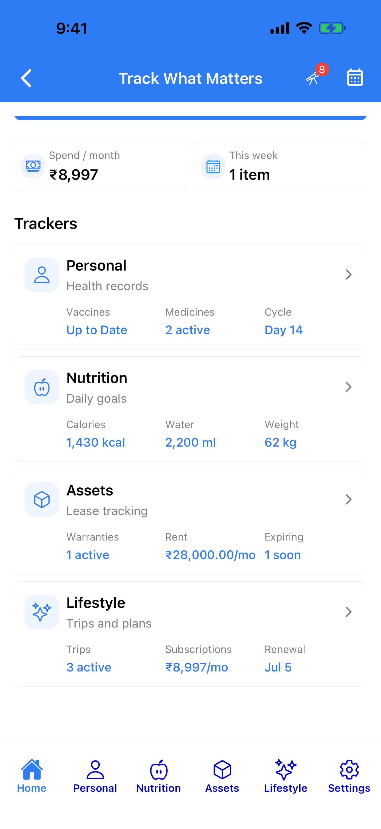 Every tracker at a glance — Personal, Nutrition, Assets, Lifestyle