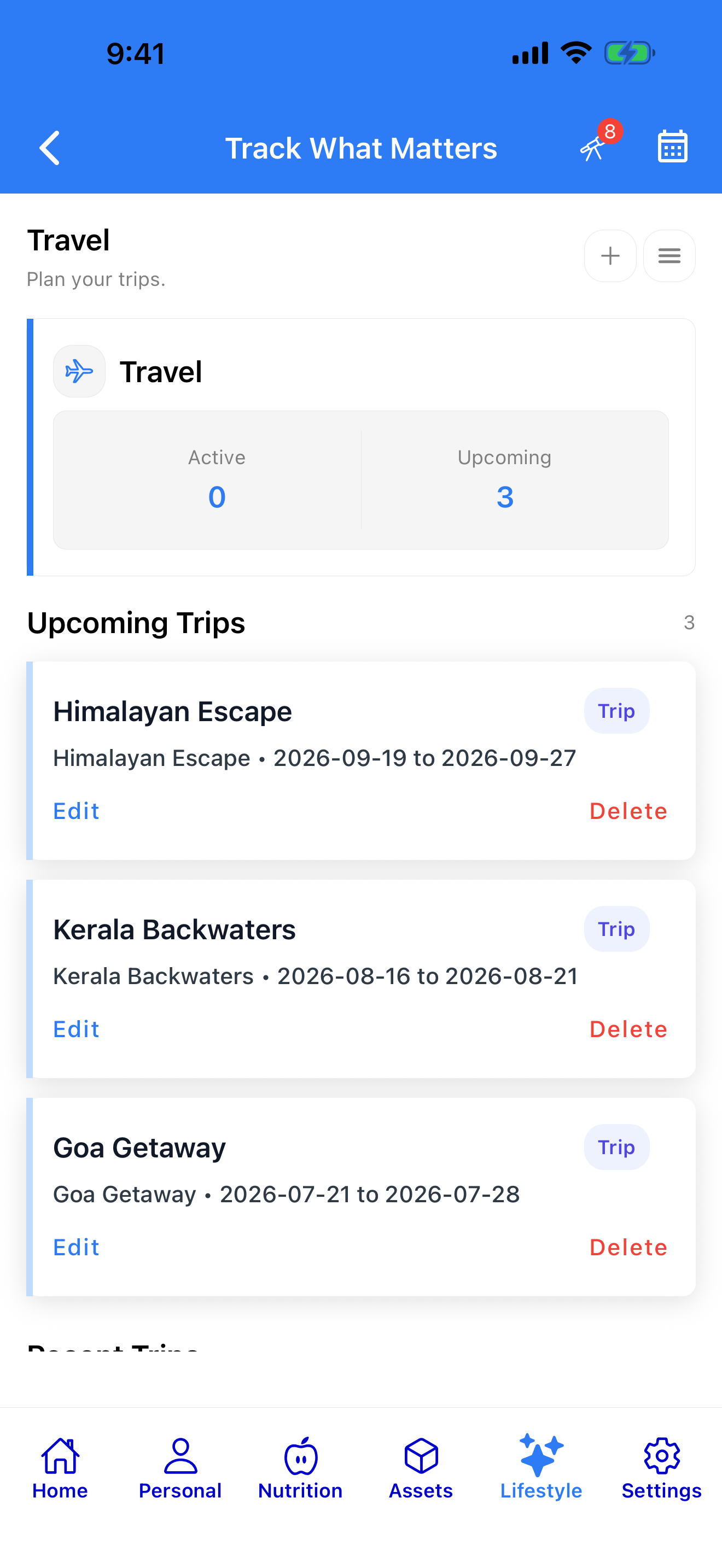 Upcoming trips and destinations