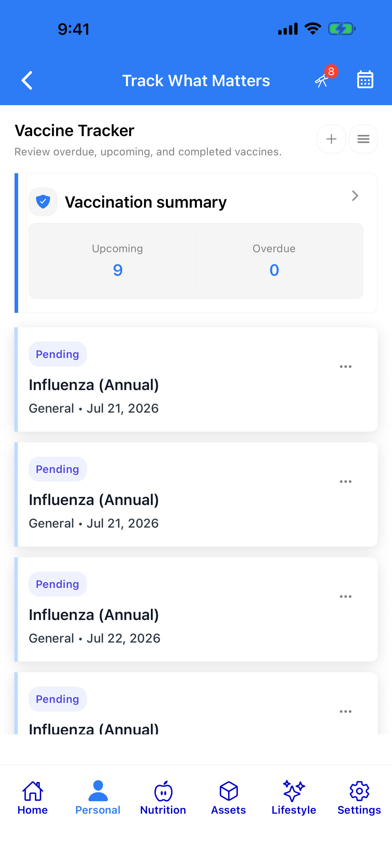 Vaccination schedule and upcoming doses